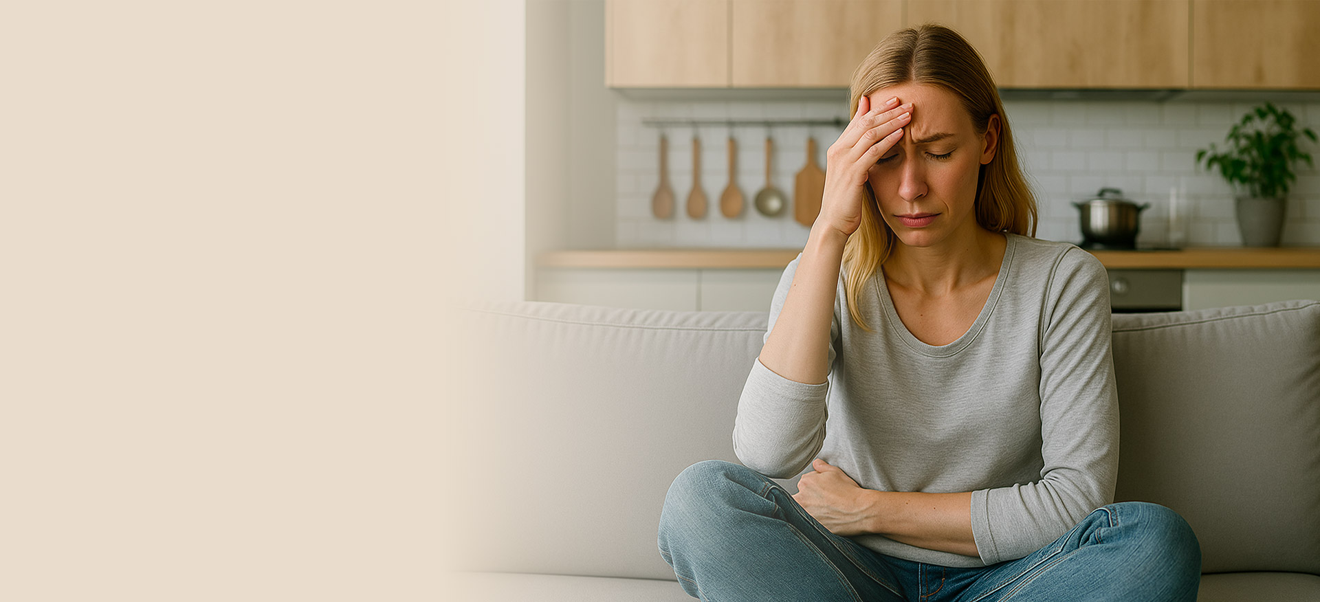 Mujer sentada en la cocina con gesto de cansancio, un cuadro habitual en la consulta de salud integrativa