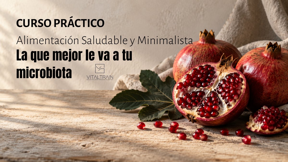Portada del curso Alimentación Saludable y Minimalista de Vitaltrain: granada abierta y granos sobre madera clara